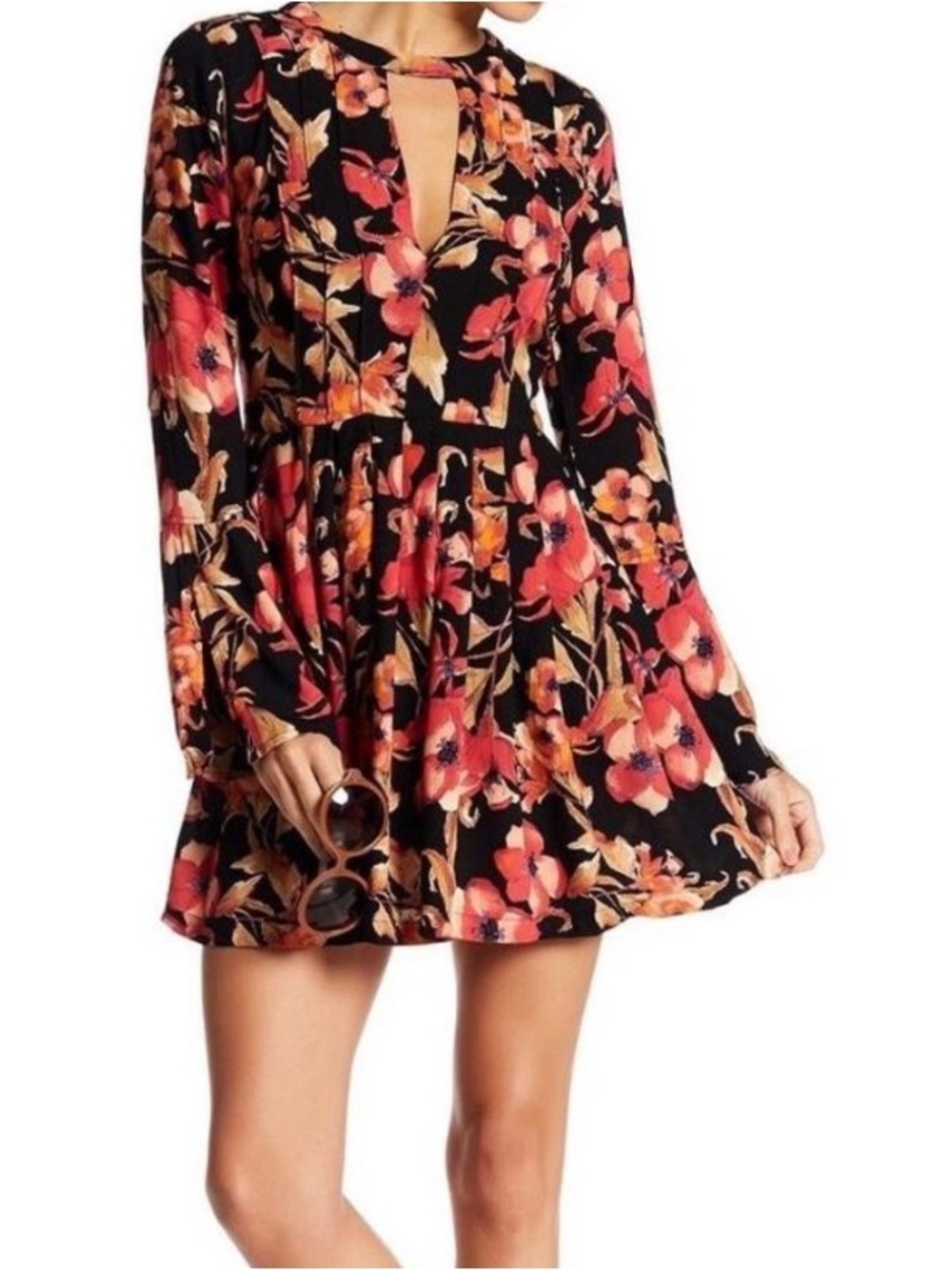 Free People Tegan Floral Cutout Mini Dress Black Orange Long Sleeve EUC Size 10